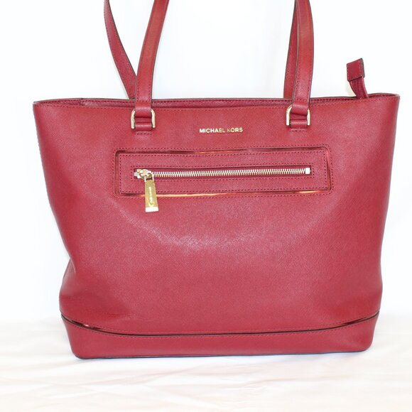 Michael Kors Cherry Red Jet Set Large Leather Tote Bag Purse - Picture 2 of 13